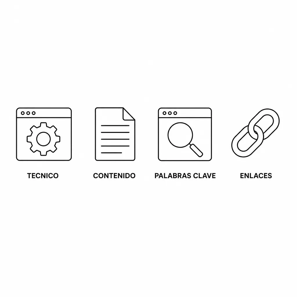 Quatre icônes alignées illustrant les piliers du SEO : technique, contenu, mots-clés et liens, légendées en espagnol.