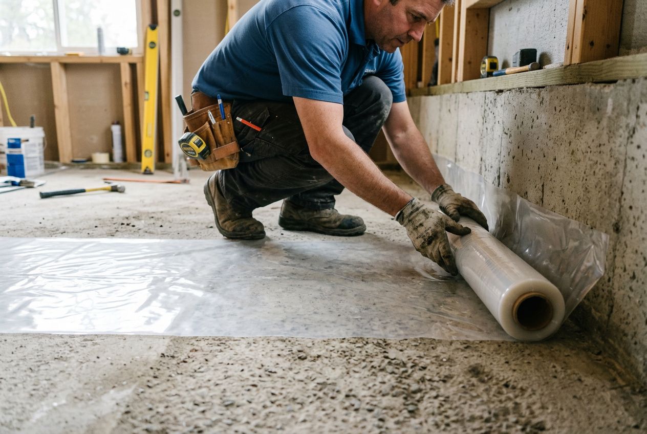 Armé d’un rouleau de pare-vapeur, un ouvrier pose la membrane sous un parquet en rénovation.