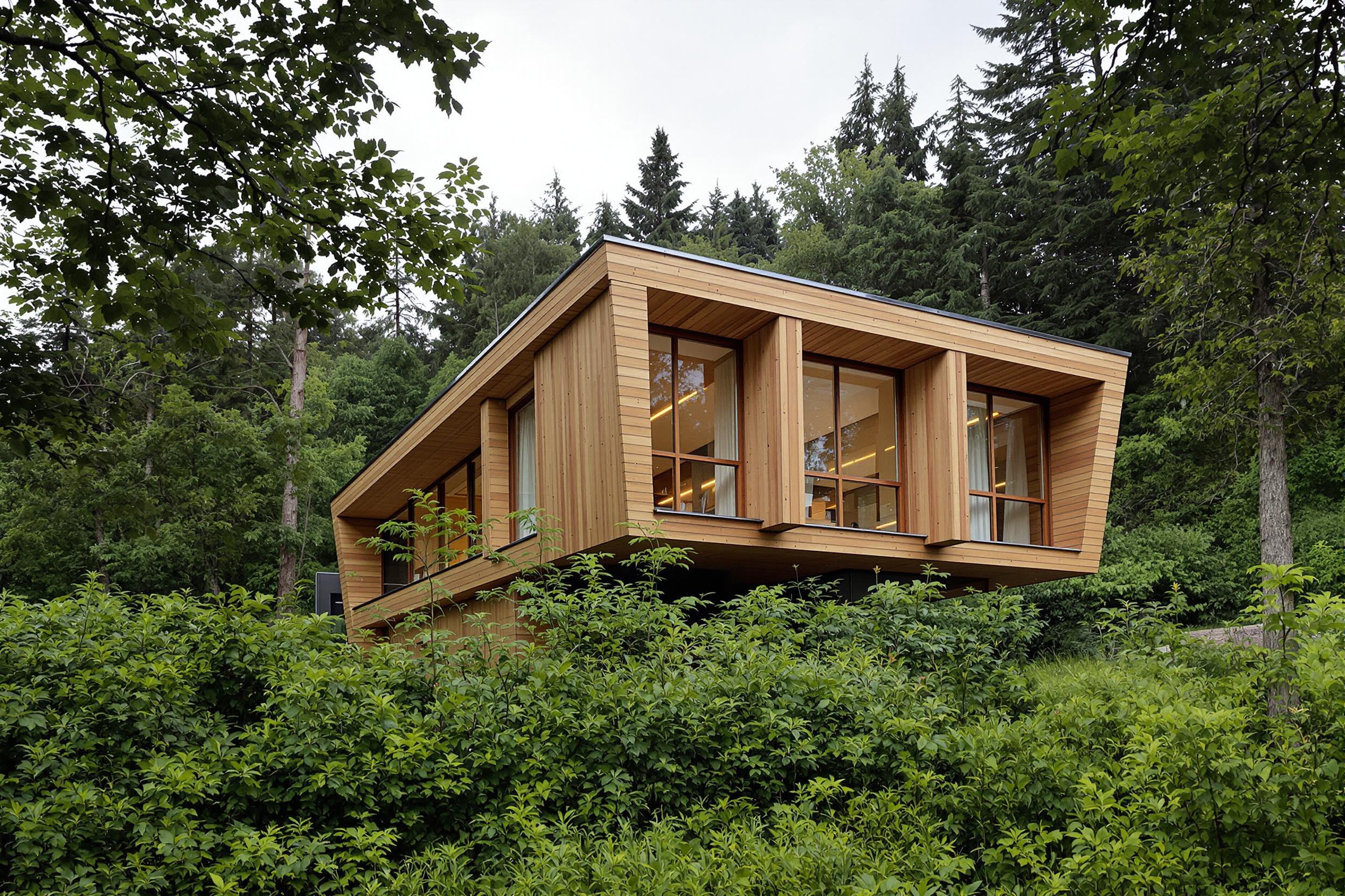 Maison en bois moderne entourée de verdure