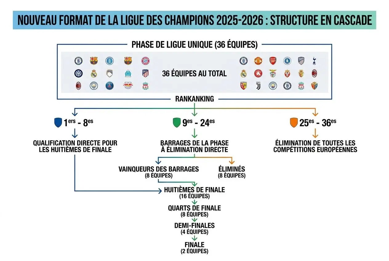 Diagramme expliquant le format de la ligue des champions 2025-2026 avec phase unique, rangs, barrages et finales. Inclut les 36 équipes, quarts et demi-finales, et les éliminations européennes. pronostic ligue des champions 2026 intégré.