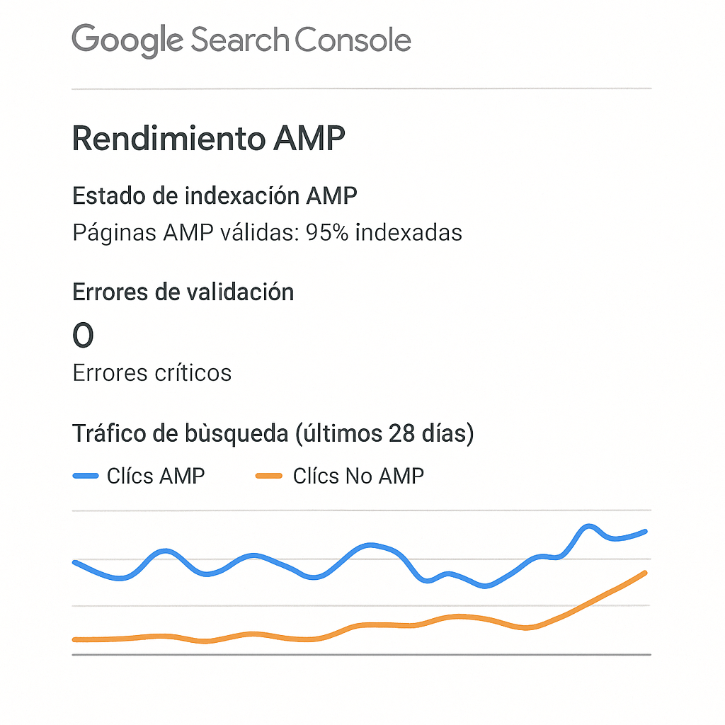 Capture d'écran stylisée de Google Search Console affichant les données de performance et de validation des pages AMP.