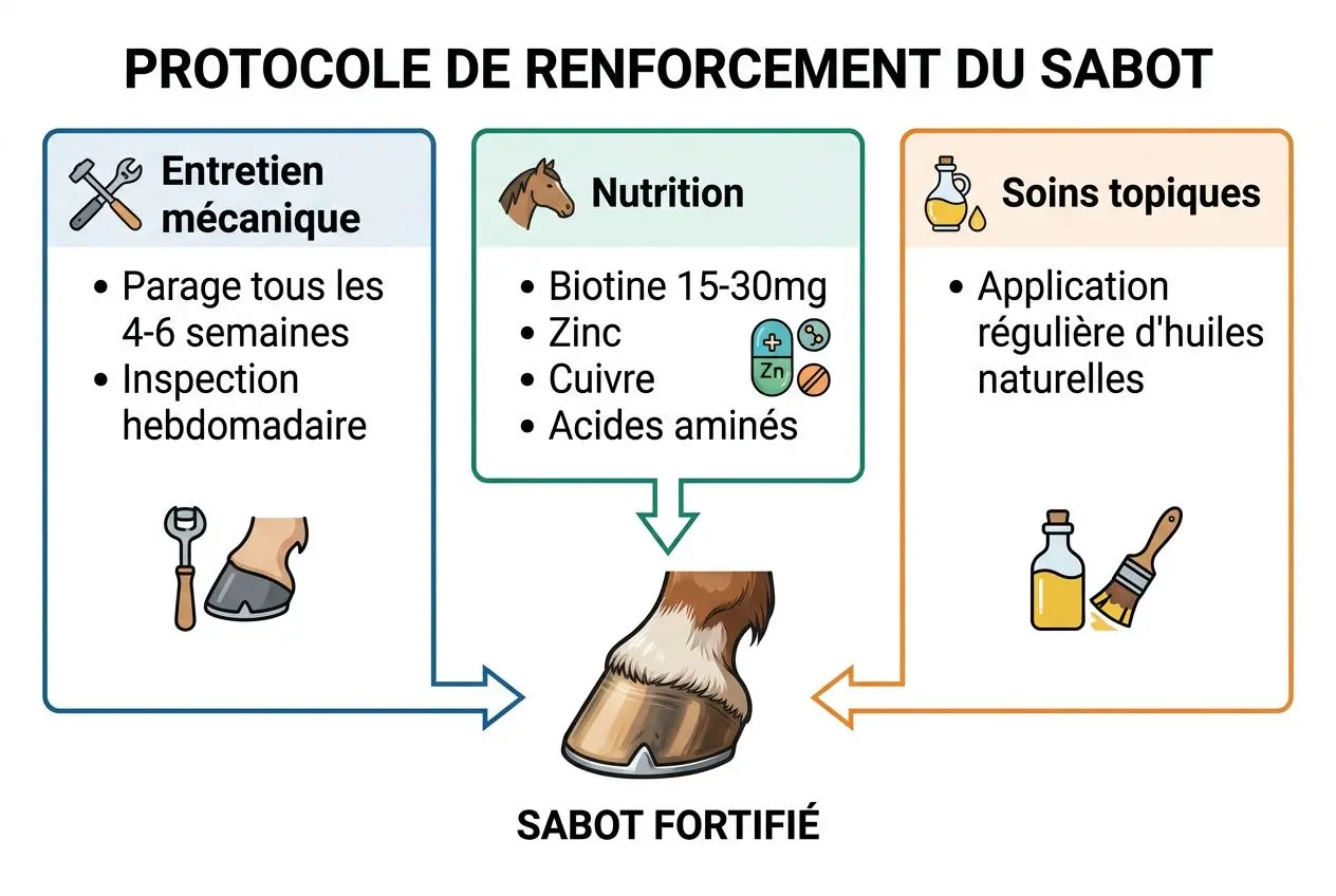 Protocole de renforcement du sabot : schéma avec entretien mécanique, nutrition et soins topiques autour d'un sabot fortifié et sabot cassant cheval.