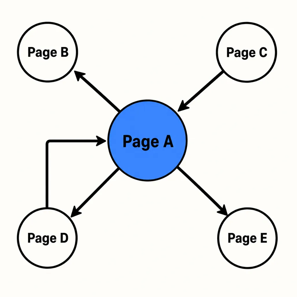 Simplified diagram of the PageRank algorithm showing how links from other pages increase the authority of a main page.