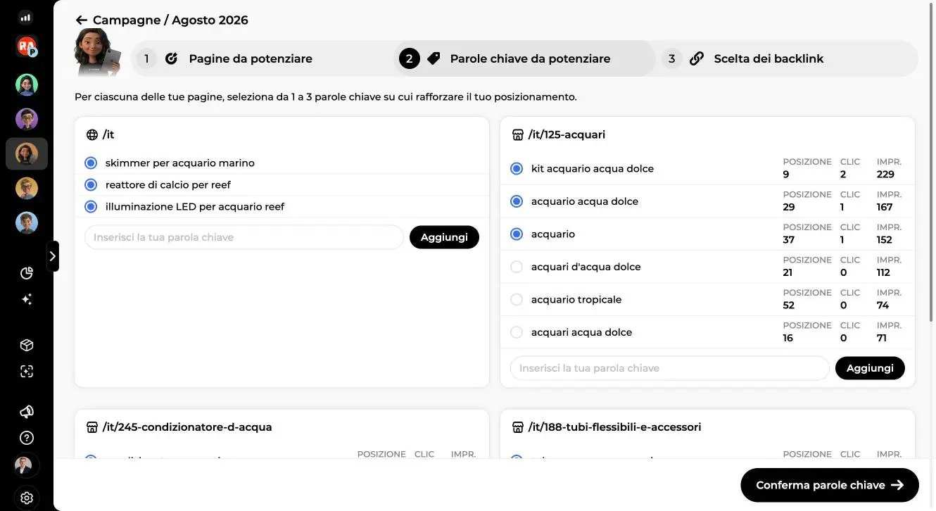 Passo 2 Parole chiave da potenziare: un riquadro per pagina con le parole chiave consigliate, la posizione, i clic e le impressioni