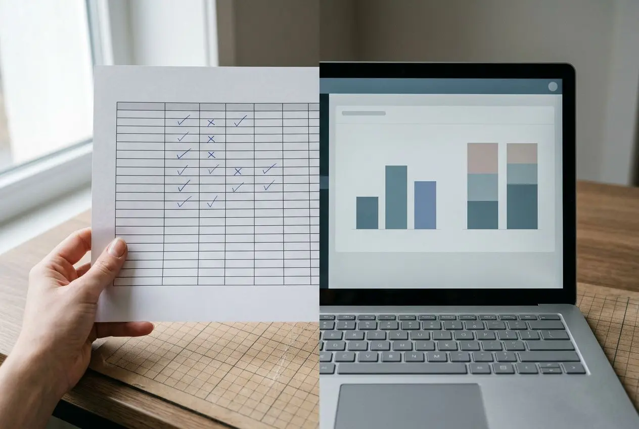 Planche de contrôle mêlant fiche papier de suivi et écran montrant un tableau et des graphiques sur un ordinateur portable, illustration de suivi de chantier excel.