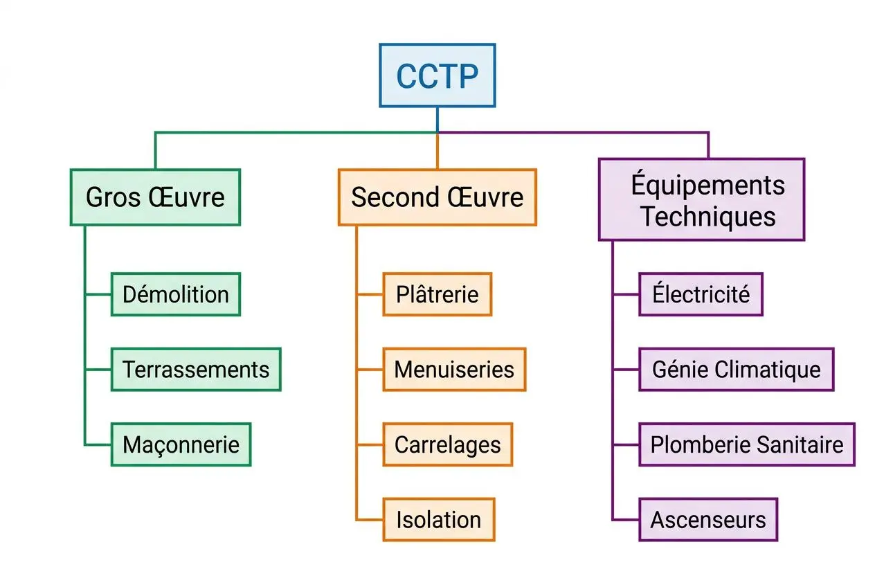 Organigramme CCTP montrant la structuration par métiers: Gros Œuvre, Second Œuvre et Équipements Techniques avec leurs sous-domaines.