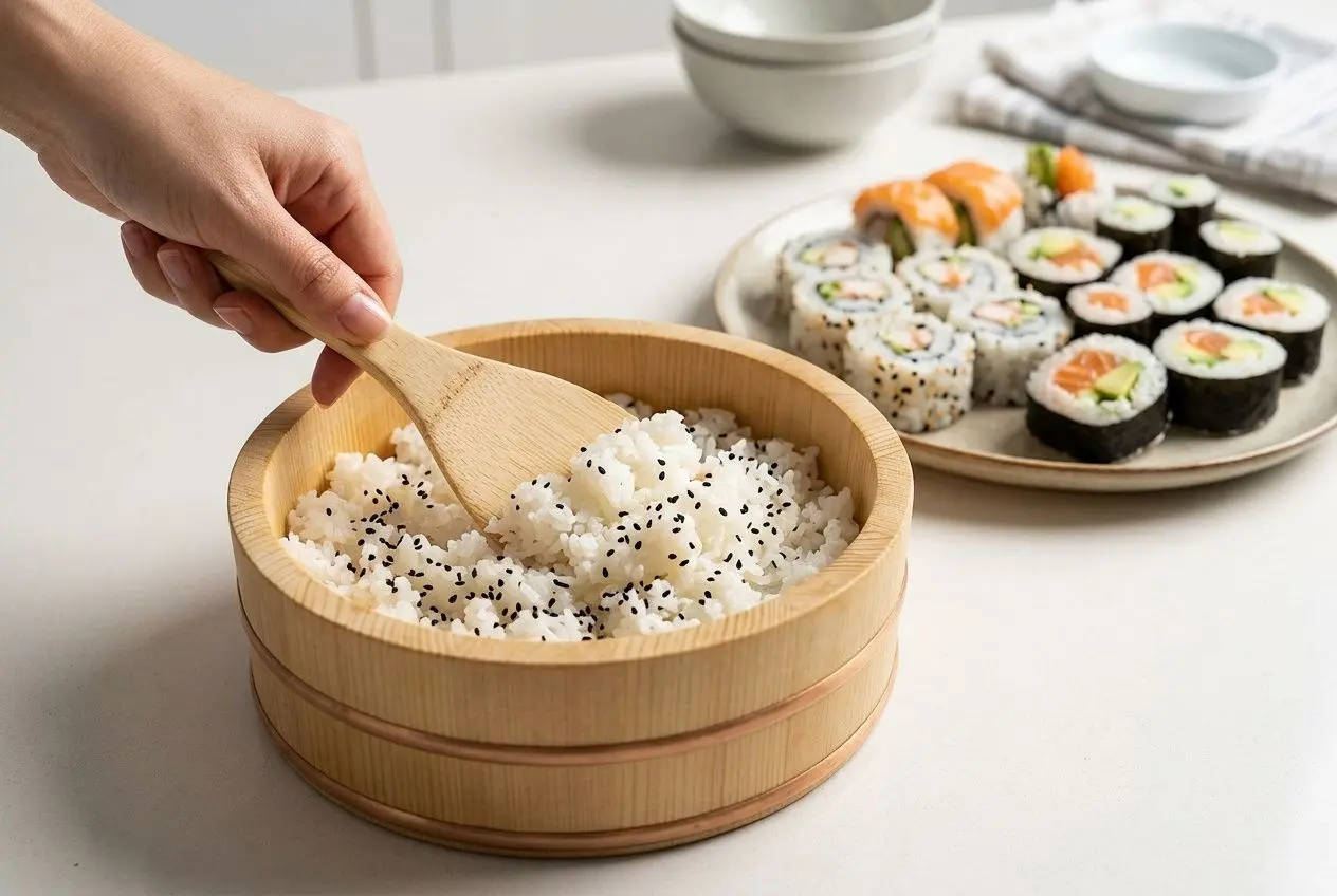 Bol en bois hangiri rempli de riz à sushi assaisonné avec des graines de sésame noir, sur un plan de travail avec des sushis en arrière-plan.