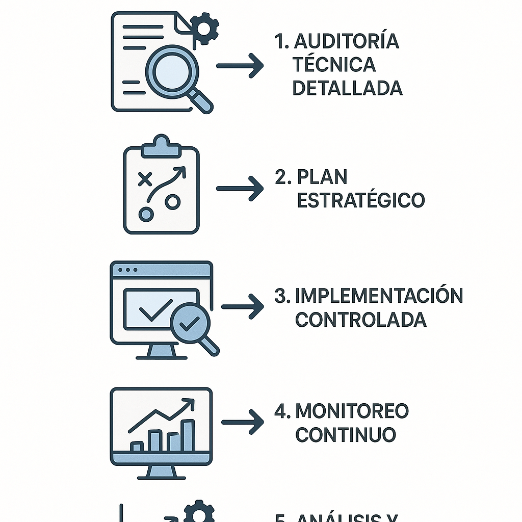 Esquema de los 5 pasos del proceso de optimización técnica SEO: Auditoría, Plan, Implementación, Monitoreo y Análisis.