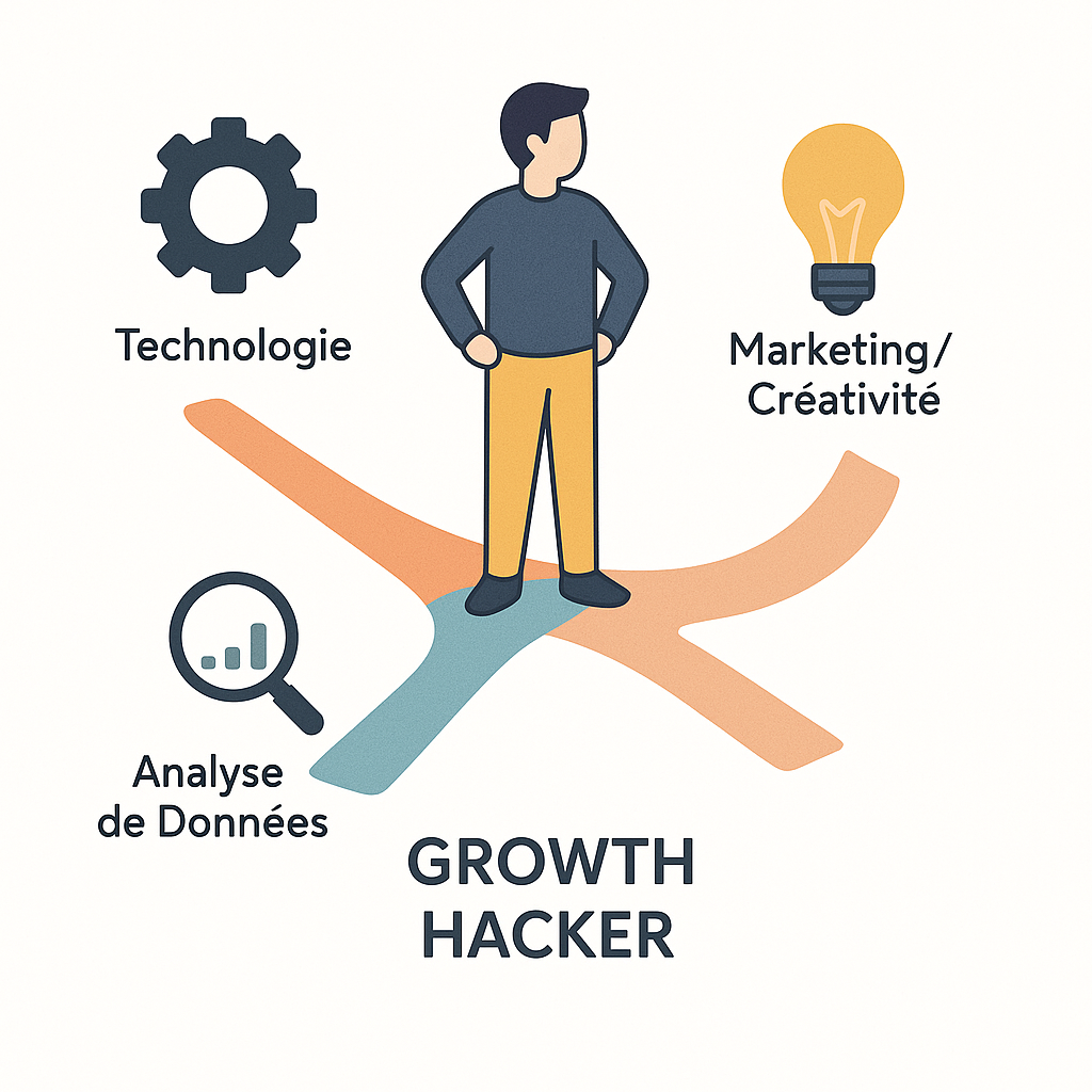 Illustration d'un growth hacker au carrefour de la technologie, de l'analyse de données et de la créativité marketing.