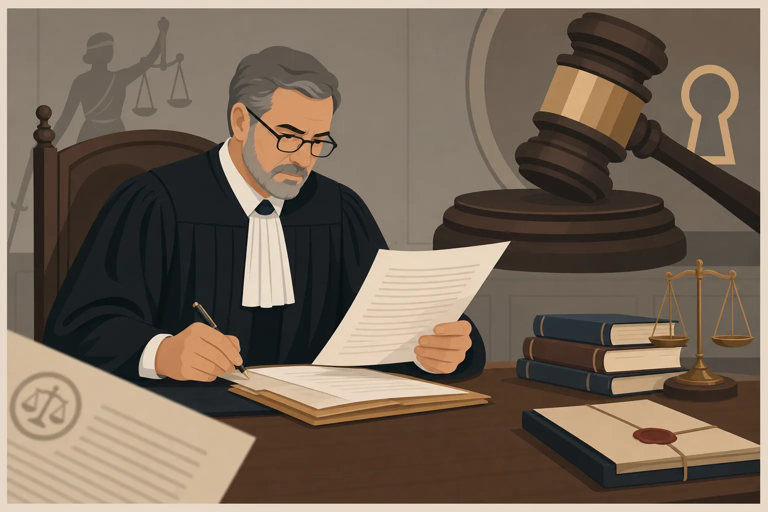 Juge en robe noire rédigeant un document officiel; balance et marteau de justice en arrière-plan, piles de livres et sceau sur le bureau. Intégration du concept « droit de la preuve et droit à la preuve » de manière naturelle.