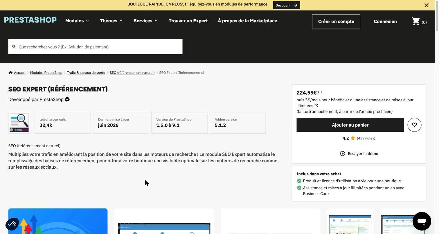 Fiche du module SEO Expert sur la marketplace PrestaShop Addons : version 5.1.2, compatible 1.5.0 à 9.1, note 4,2 sur 5