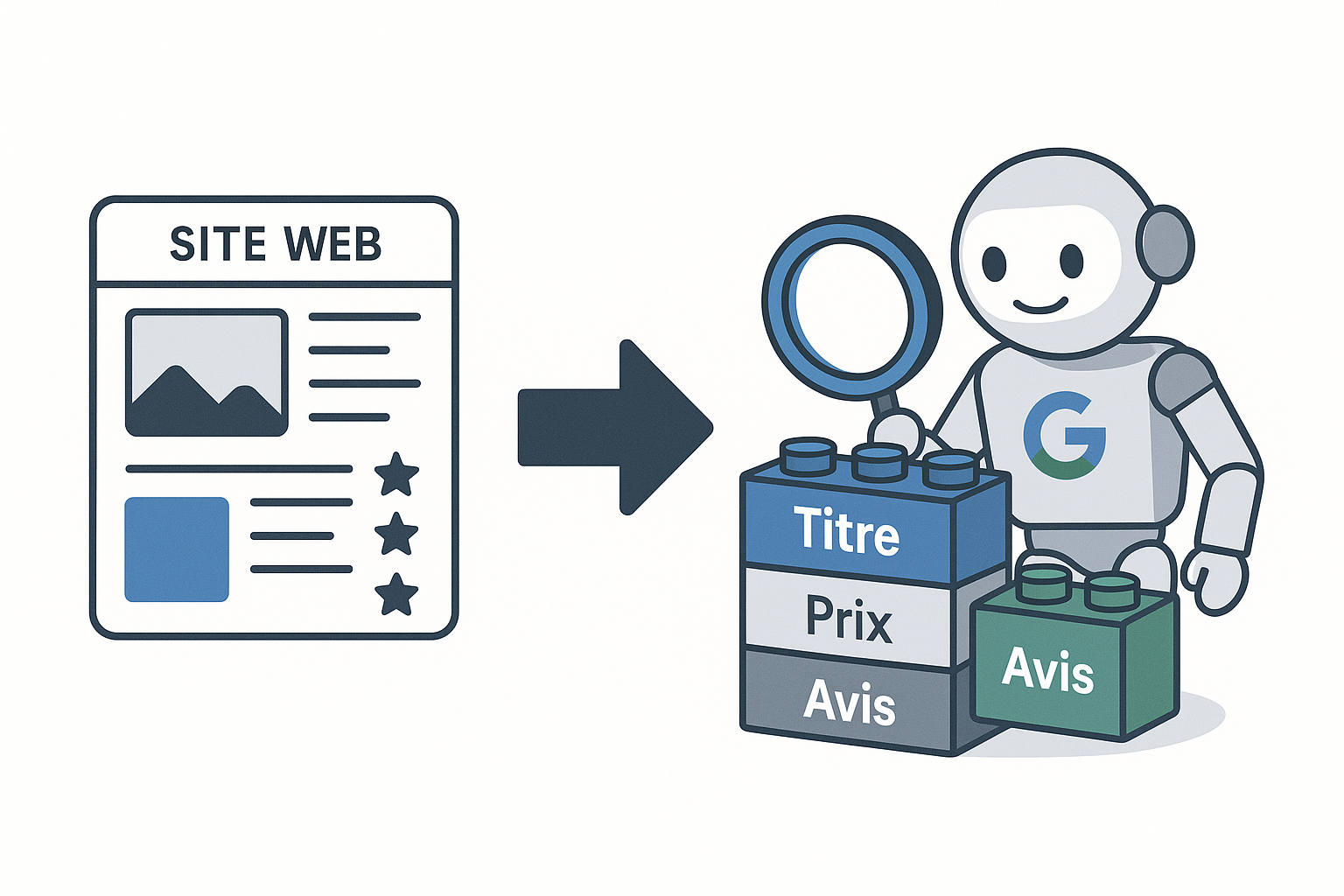 Schéma expliquant comment les données structurées organisent le contenu d'un site web pour les moteurs de recherche comme Google.