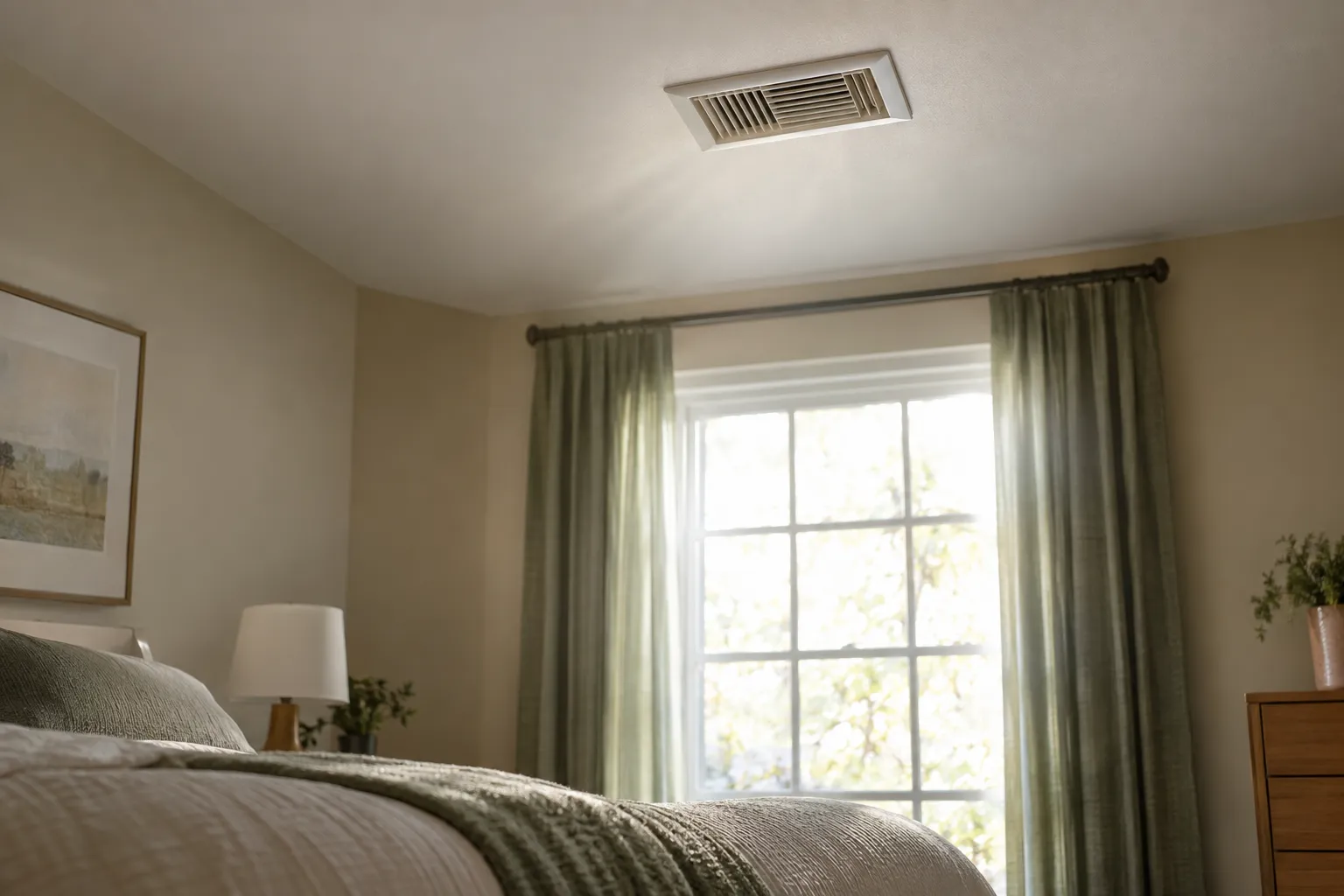 Ventilateur ou VMC silencieuse dans une chambre lumineuse avec rideaux et fenêtre à moitié ouverte.