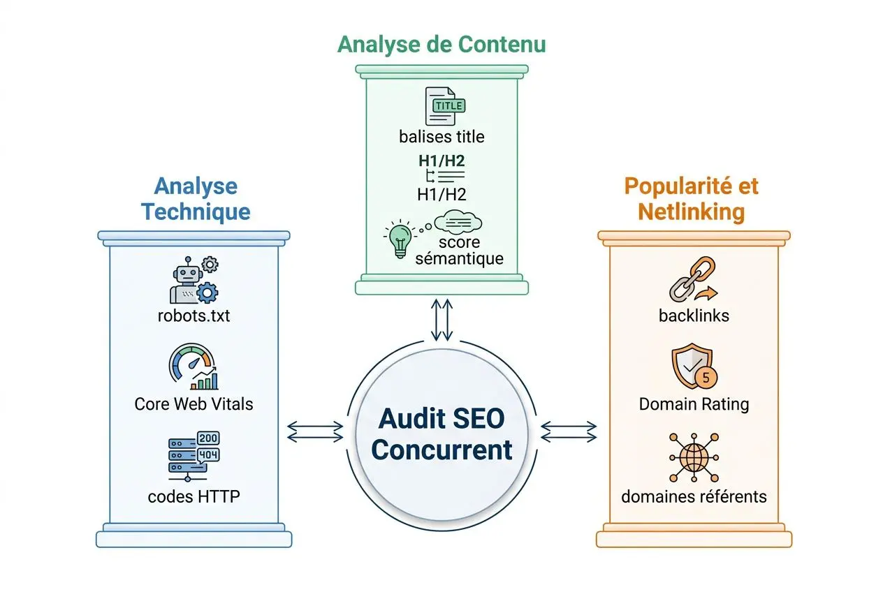 Audit seo concurrent illustré, montrant l’analyse de contenu, technique et popularité/netlinking autour d’un audit SEO concurrent central.