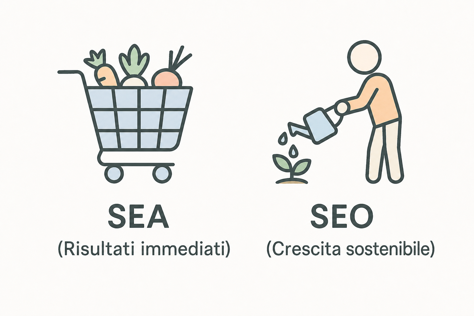Confronto tra SEO, illustrato da una pianta che cresce, e SEA, illustrato da un carrello della spesa.