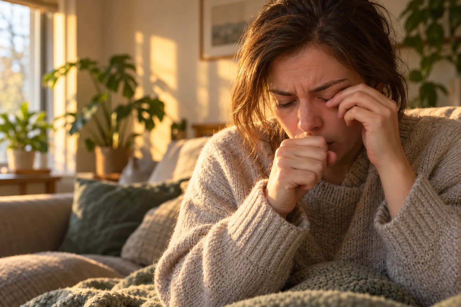 Femme en pull épais toussant ou se couvrant le visage avec le poing sur le canapé.