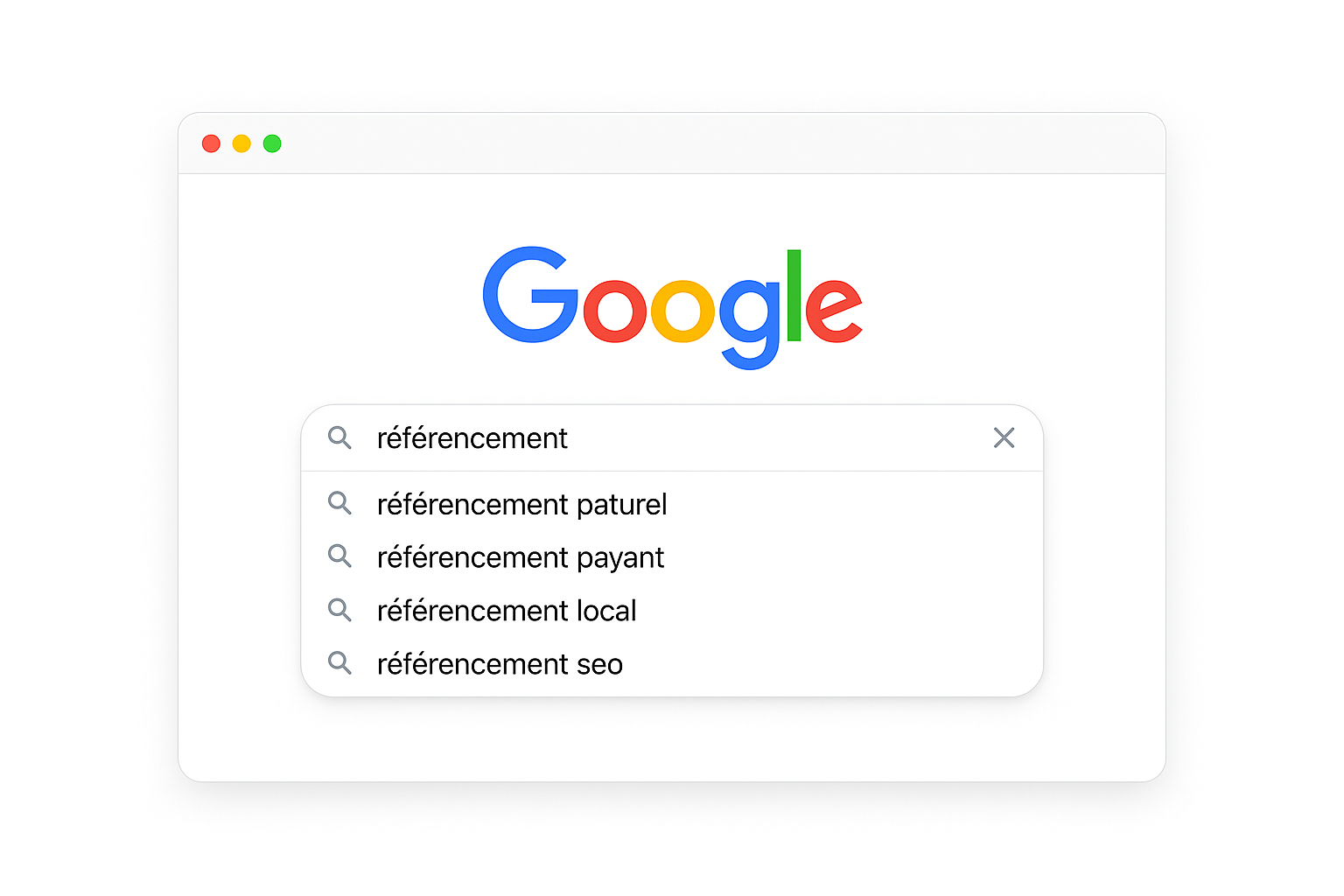 Exemple de la fonctionnalité Google Suggest montrant les suggestions de recherche qui apparaissent en tapant le mot 'référencement'.