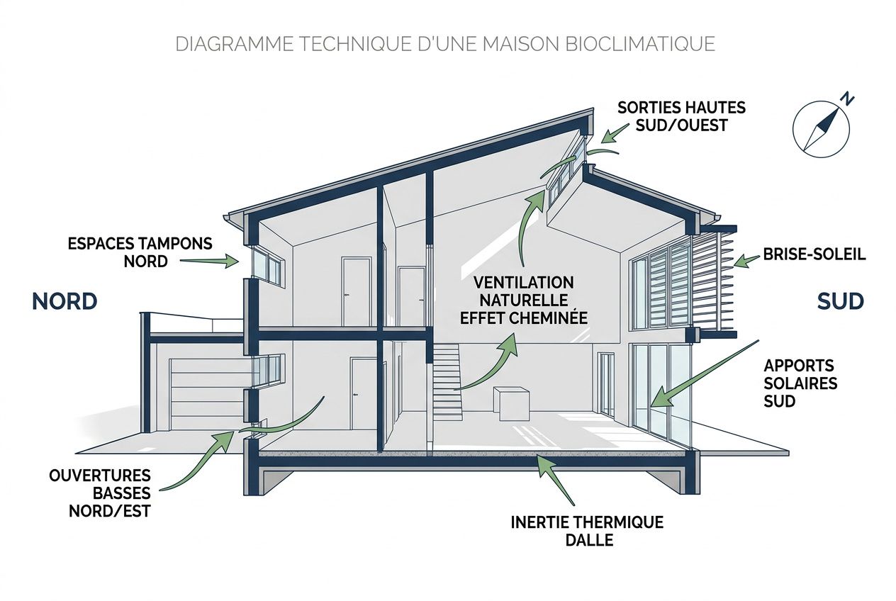 Diagramme technique d’une maison bioclimatique montrant ventilation naturelle, apports solaires, ouvertures, inertie thermique et cheminées, pour une rénovation bioclimatique.