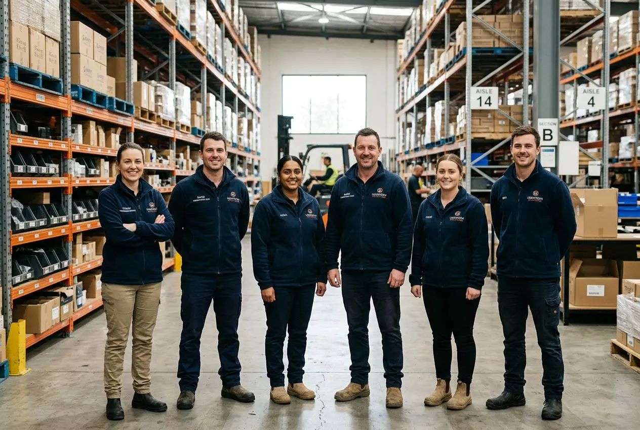 Groupe de six personnes portant des vestes polaires foncées dans un entrepôt, debout en rangée devant des rayonnages remplis de boîtes. vêtement de travail polaire personnalisé.