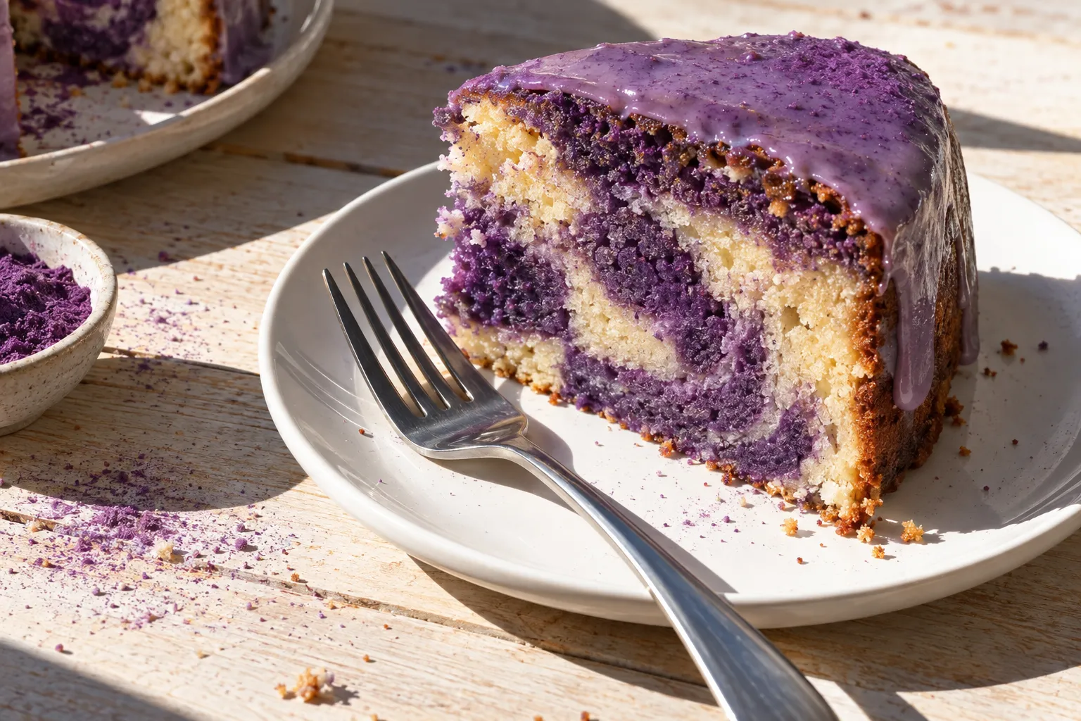 Purple marble cake cut on a plate with a fork.