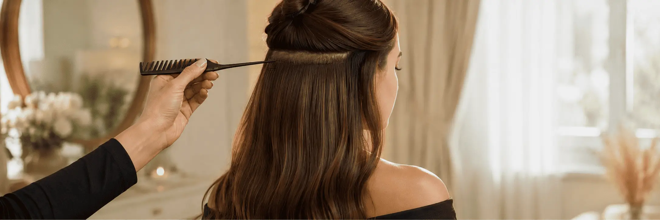 Personne préparant des extensions de cheveux: une main peigne les mèches sur des cheveux long et lustrés, vue de dos dans un intérieur lumineux. Personne préparant des extensions de cheveux: une main peigne les mèches sur des cheveux long et lustrés, vue de dos dans un intérieur lumineux.