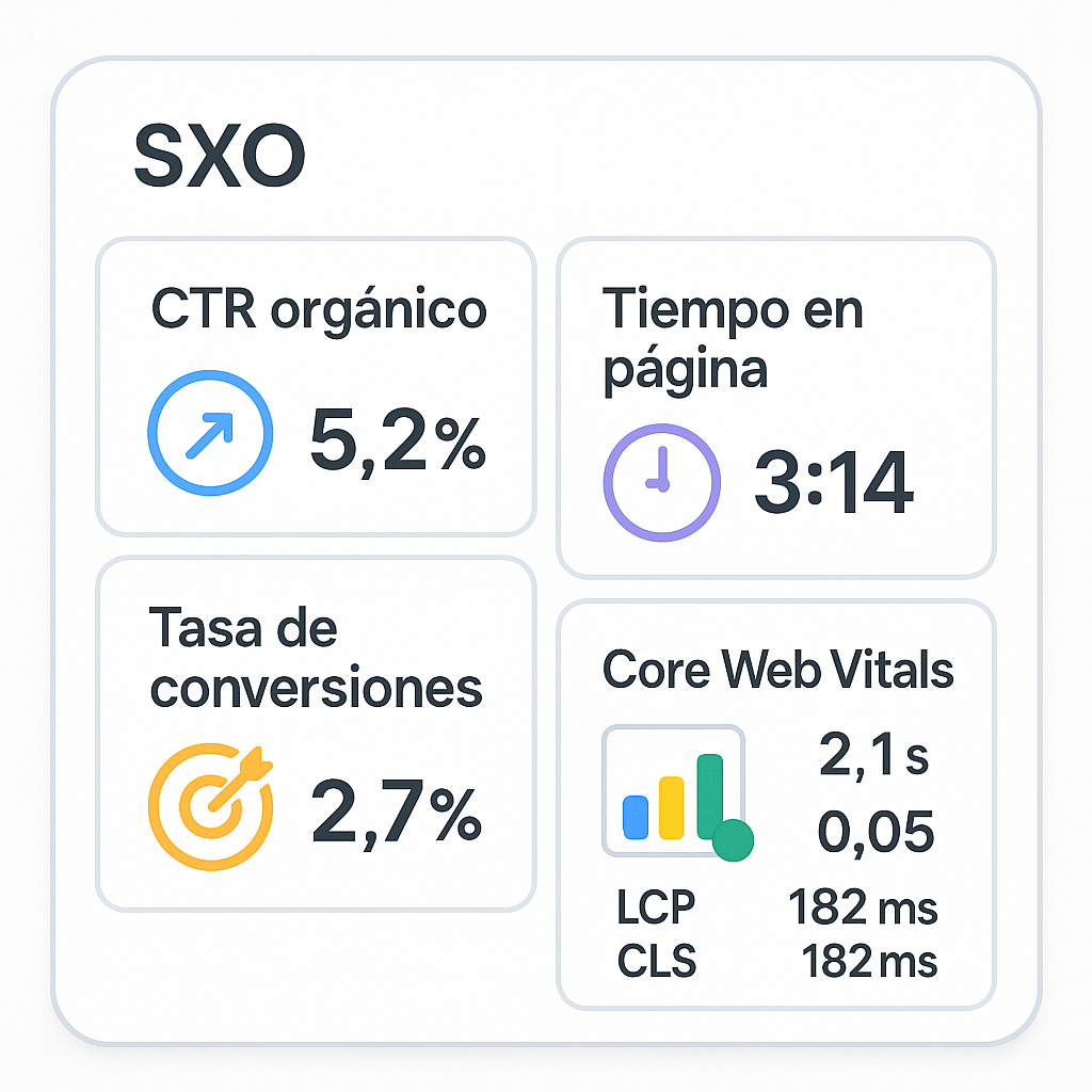 Dashboard con las métricas clave para medir el éxito de una estrategia SXO, incluyendo CTR, tiempo en página, conversiones y Core Web Vitals.