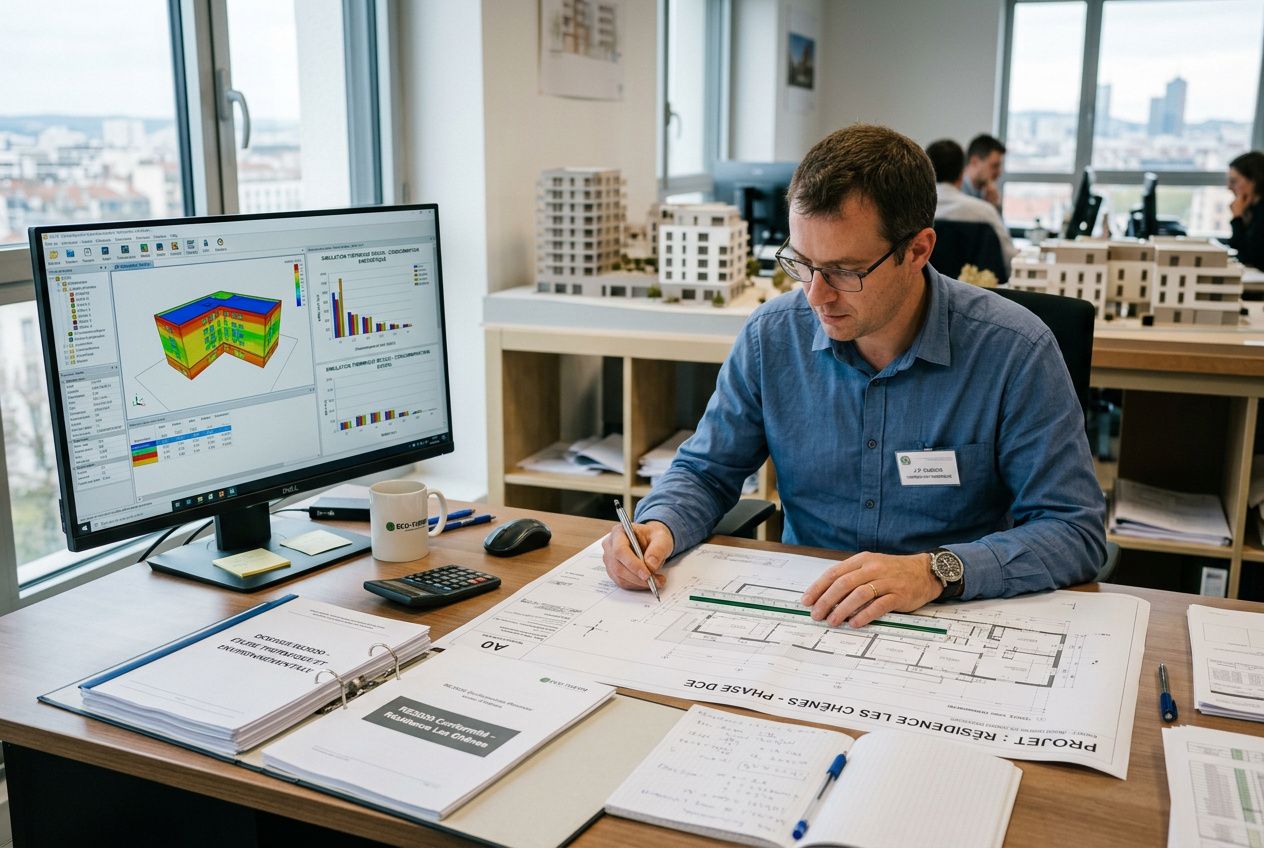 Bureau d'études thermique analysant une étude RE2020