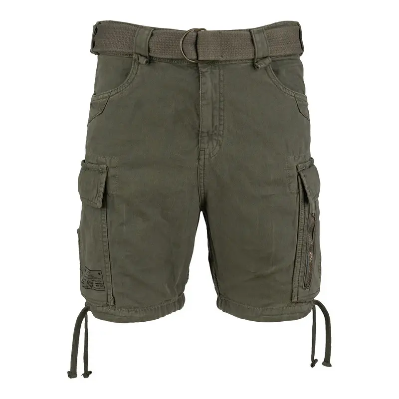 Shorts cargo militaires kaki avec ceinture et cordons de serrage, poches latérales et zips, style outdoor. Shorts cargo militaires kaki avec ceinture et cordons de serrage, poches latérales et zips, style outdoor.
