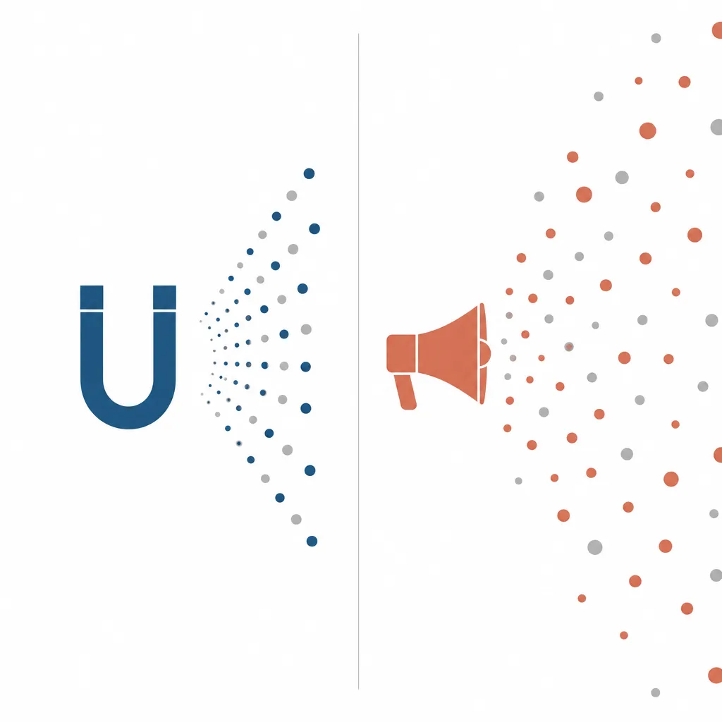 Illustration opposant l'inbound, un aimant qui attire des contacts, et l'outbound, un mégaphone qui diffuse largement.