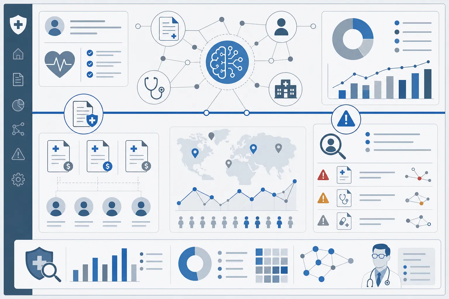Interface médicale et analytique montrant réseaux IA, graphiques et cartes pour détection fraude assurance, avec icônes medicales et diagrammes.