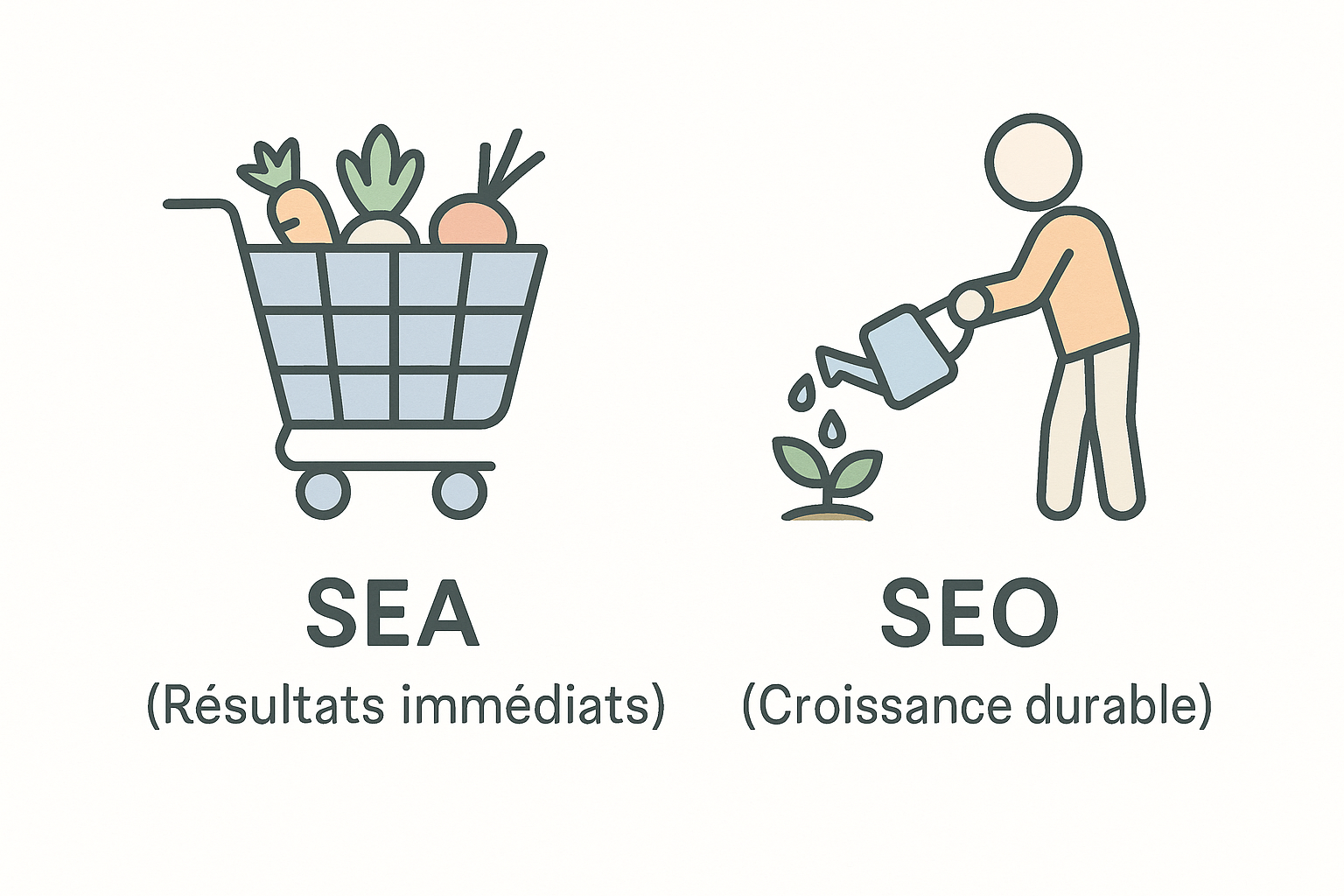 Schéma comparant le SEO, illustré par une plante qui grandit, et le SEA, illustré par un caddie de courses.