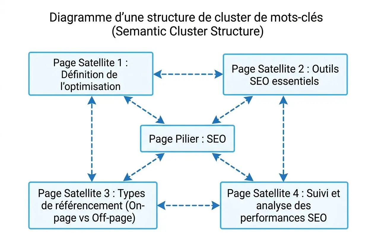 Diagramme illustrant la structure en clusters de mots-clés pour le SEO: cœur “Page Pilier : SEO” connectée à 4 satellites sur l’optimisation, outils essentiels, types de référencement, et suivi des performances. Mot-clé intégré: seo marketing keywords.