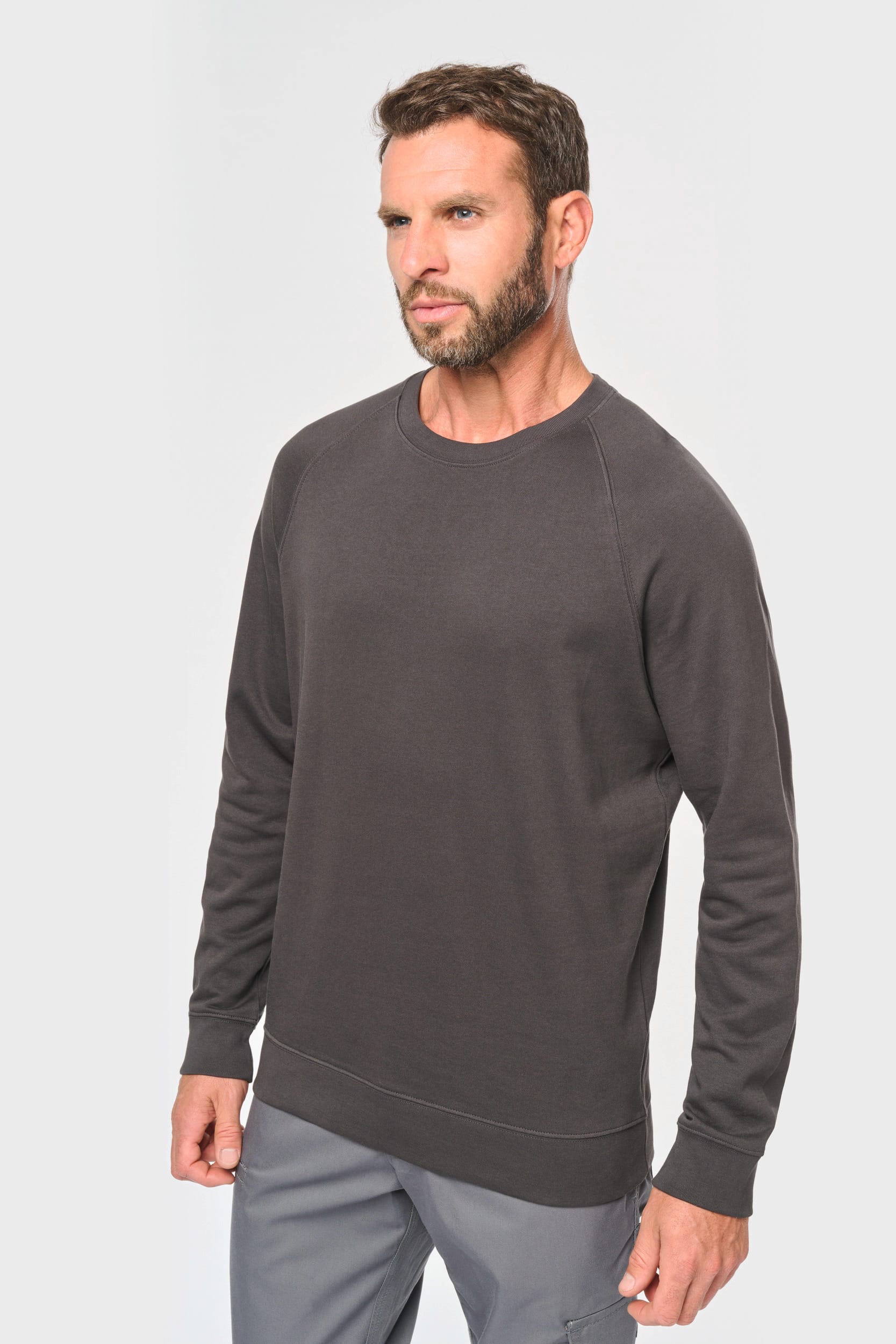 Pull neutre en maille légère, sweatshirt gris sombre, modèle homme, posture décontractée. Pull personnalisé association idéal pour broderie ou impression.