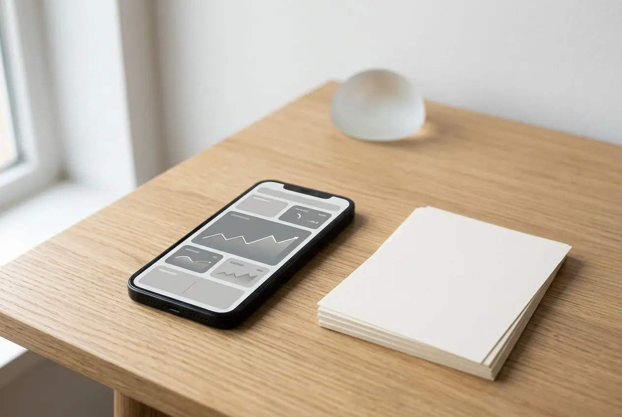 Smartphone posé sur une table à côté d'un petit tas de cartes, ambiance bureau léger. Campagne sms pas cher évoquée implicitement.