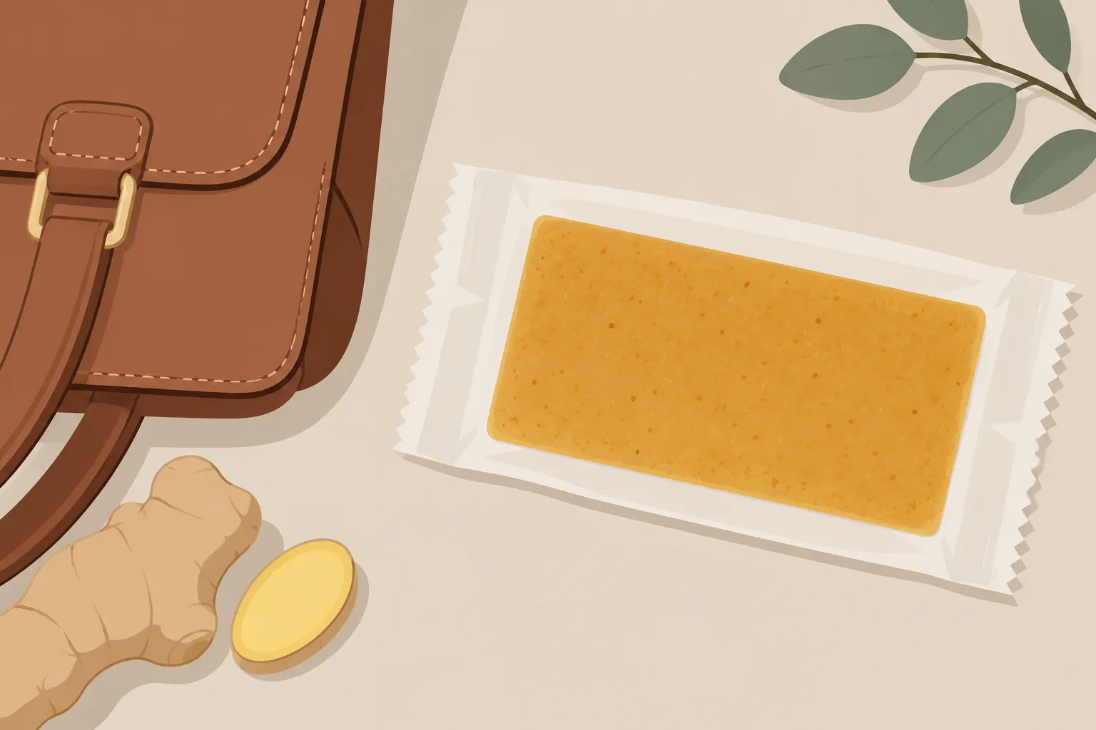 Petit sachet de tisane ou jus à emporter placé près d’un sachet de gingembre et d’un morceau de bois, sur fond clair.