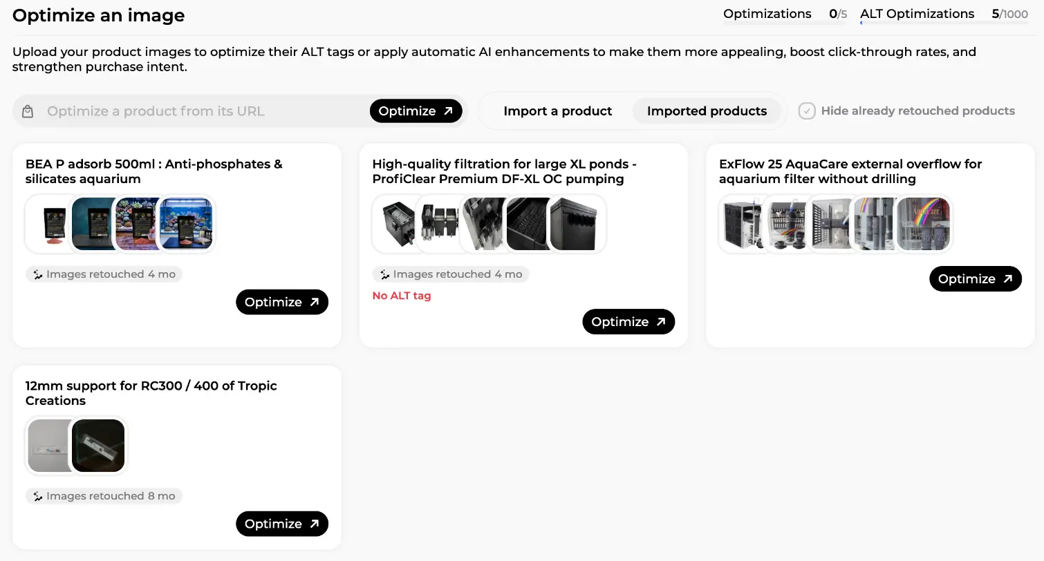 Optimize an image screen with quotas, a product URL field, Import a product and Imported products tabs, and product cards with Optimize buttons