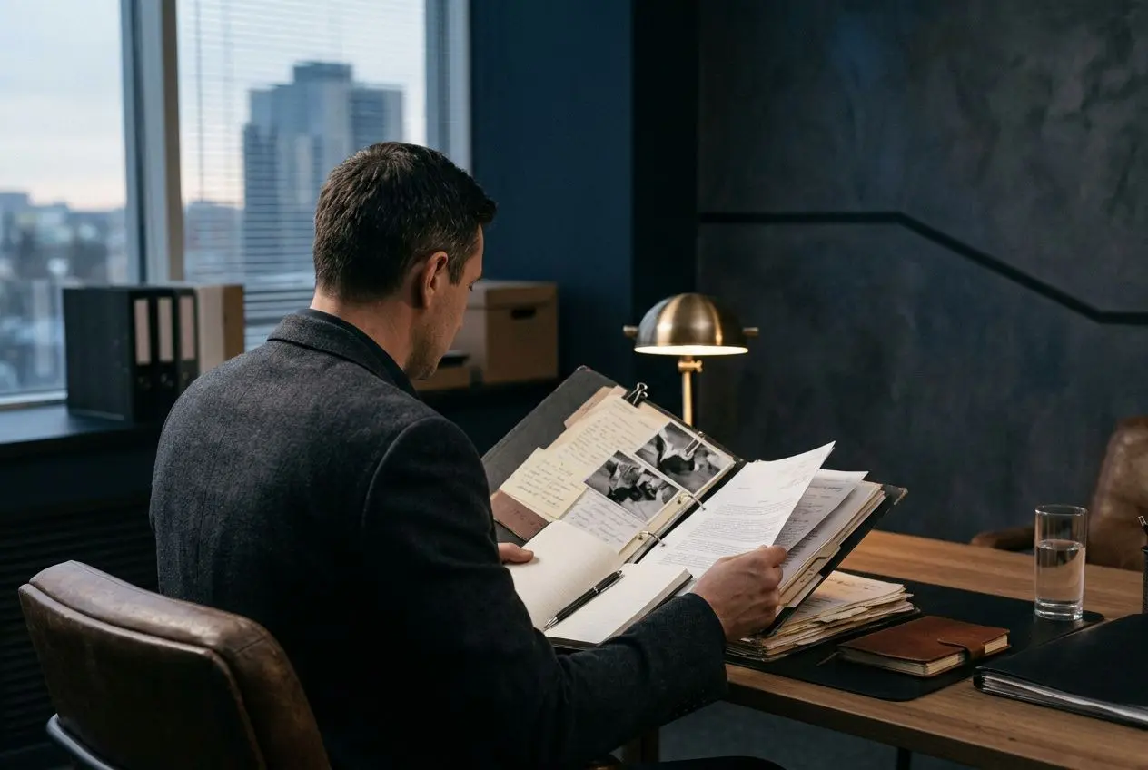 Agent travaillant sur des dossiers dans un bureau privé, consultation d’un dossier photo et notes embobinées, ambiance discrète et professionnelle, agence détective filature professionnelle.