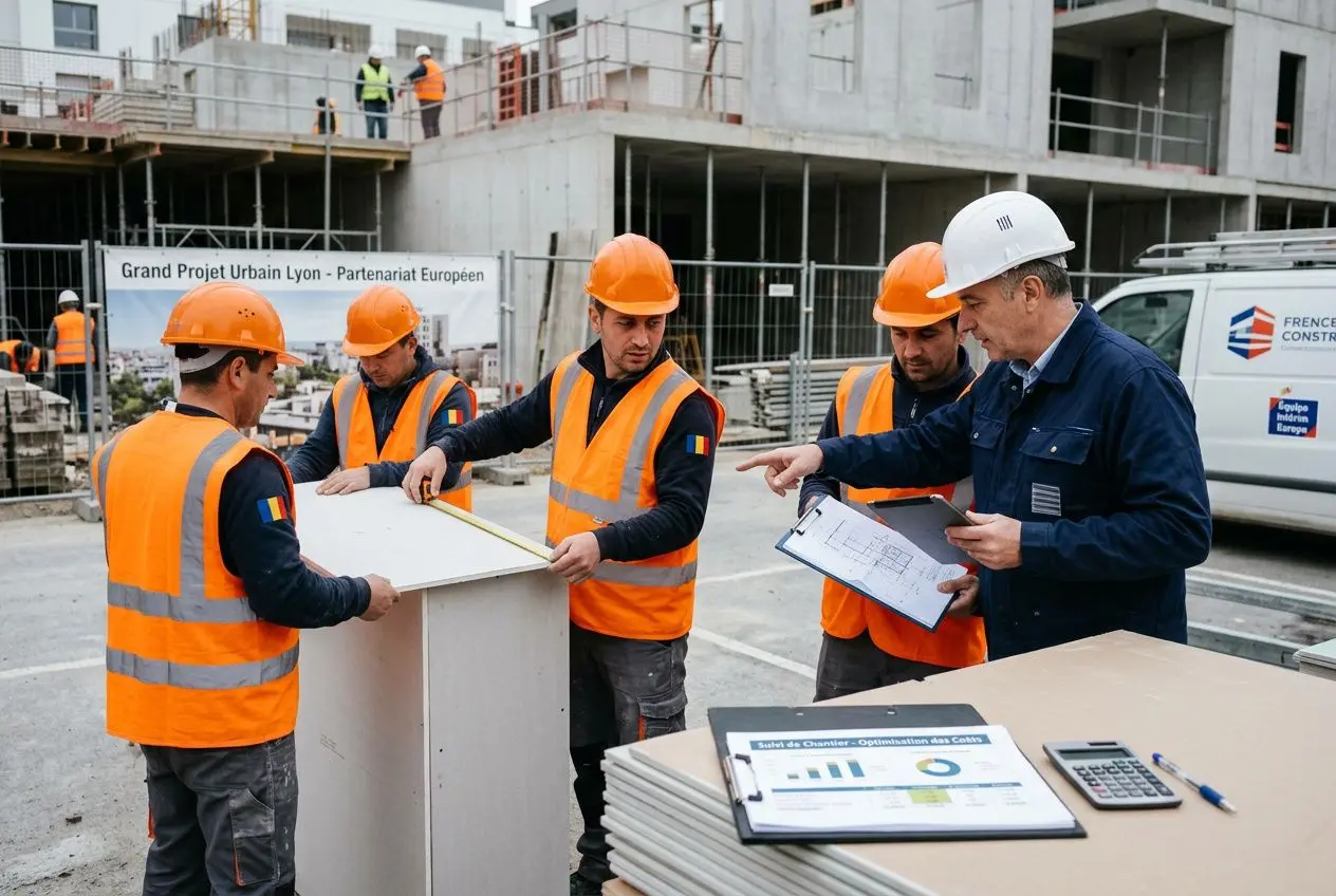Groupe de travailleurs sur un chantier, portant gilets orange et casques, examinant des plans sous la supervision d’un responsable, avec documents et graphique sur table. Agence intérim travailleur roumain.