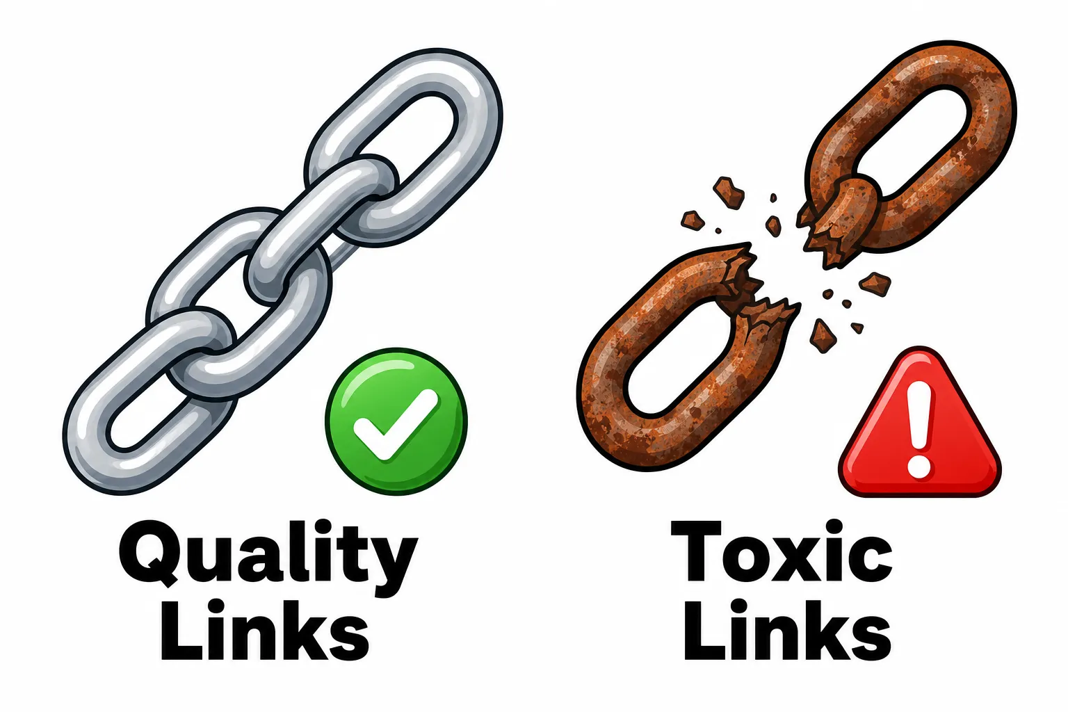 Quality link shown as a solid steel chain next to a toxic link shown as a rusty, broken chain with a warning sign.