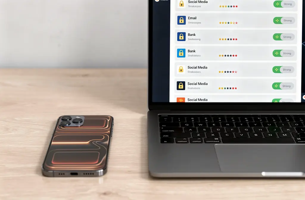 Smartphone posé sur un bureau à côté d'un gestionnaire de mots de passe ouvert sur un ordinateur.