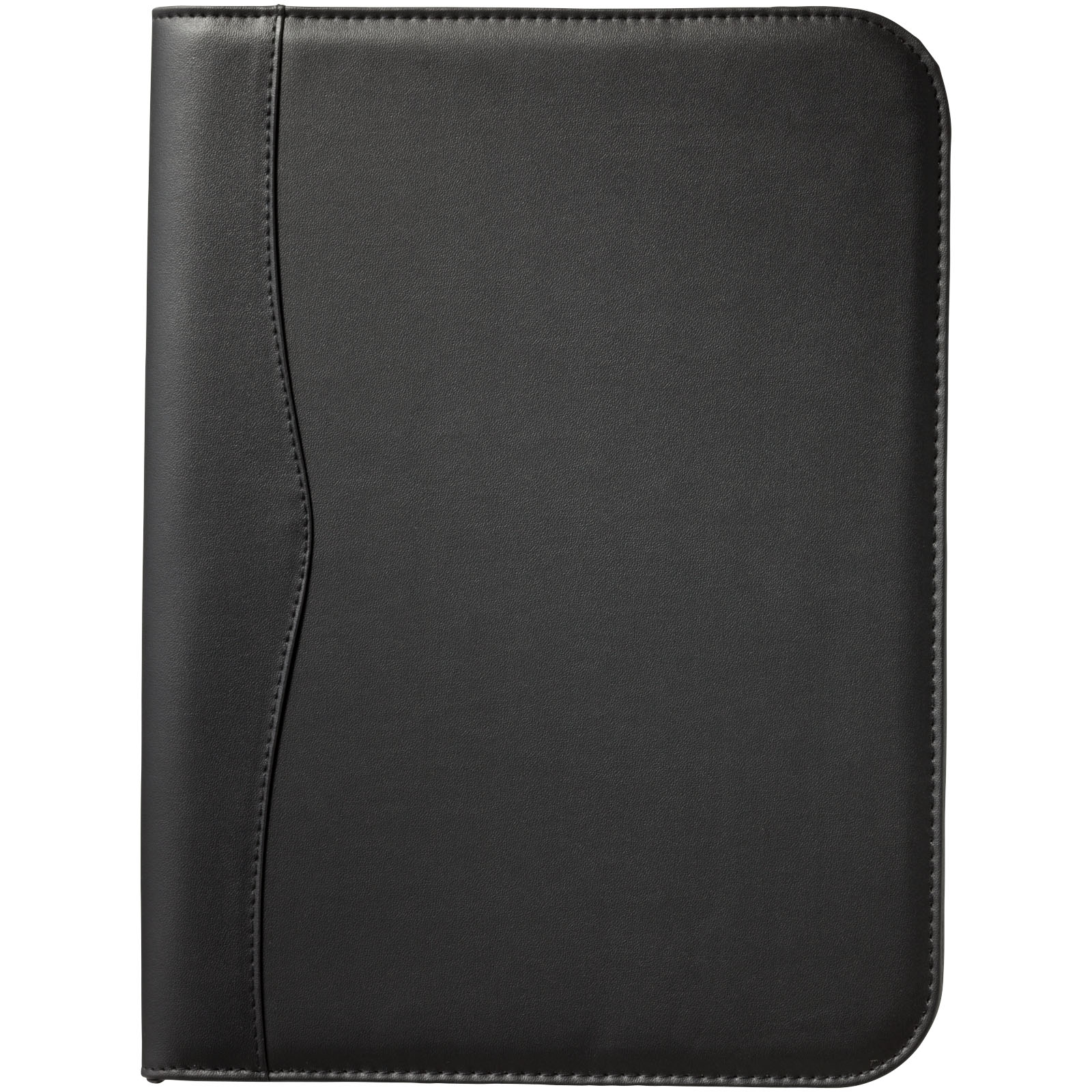 Porte-documents noir en cuir, fini lisse avec couture décorative sur le côté, pratique et professionnel. goodies def intégré naturellement.