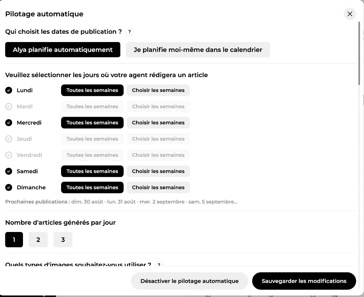 Réglages du pilotage automatique : qui choisit les dates, jours de la semaine et articles par jour
