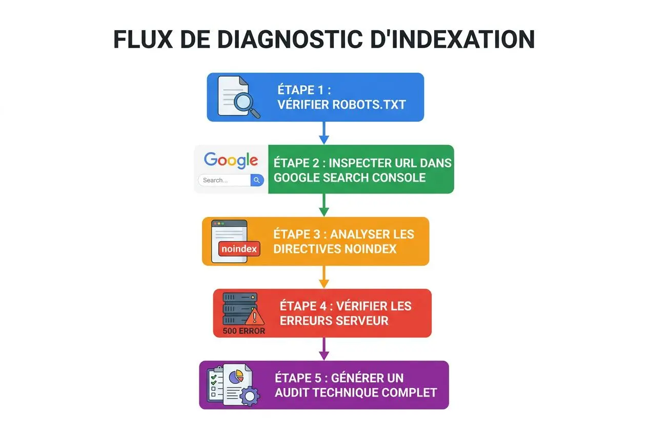 Flux de diagnostic d'indexation montrant les étapes: vérifier robots.txt, inspecter l'URL dans Google Search Console, analyser les directives noindex, vérifier les erreurs serveur, générer un audit technique complet. (problème indexation google)