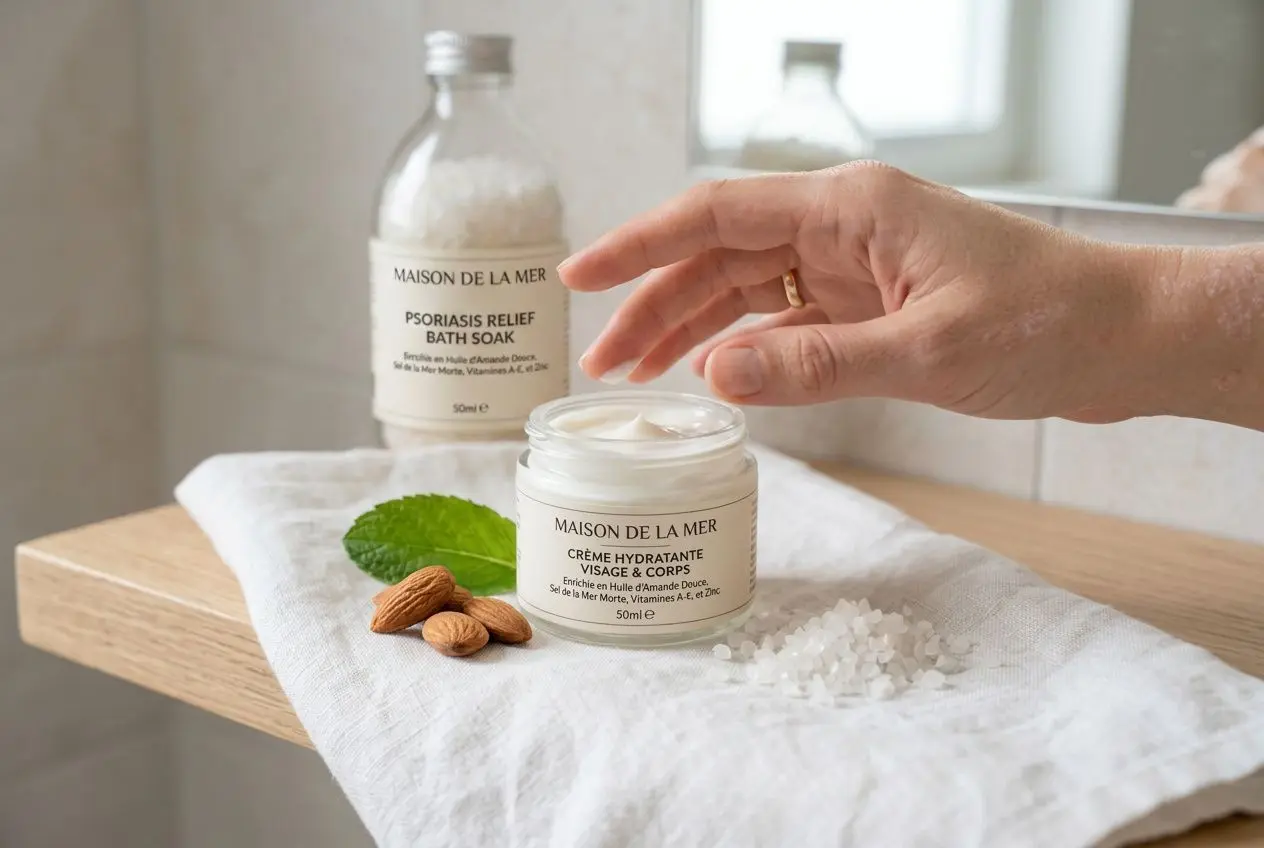 Hydratation douce: crème visage et corps psoriasis offerte en pot, avec sels et amandes sur linge blanc. Psoriasis crème efficace.