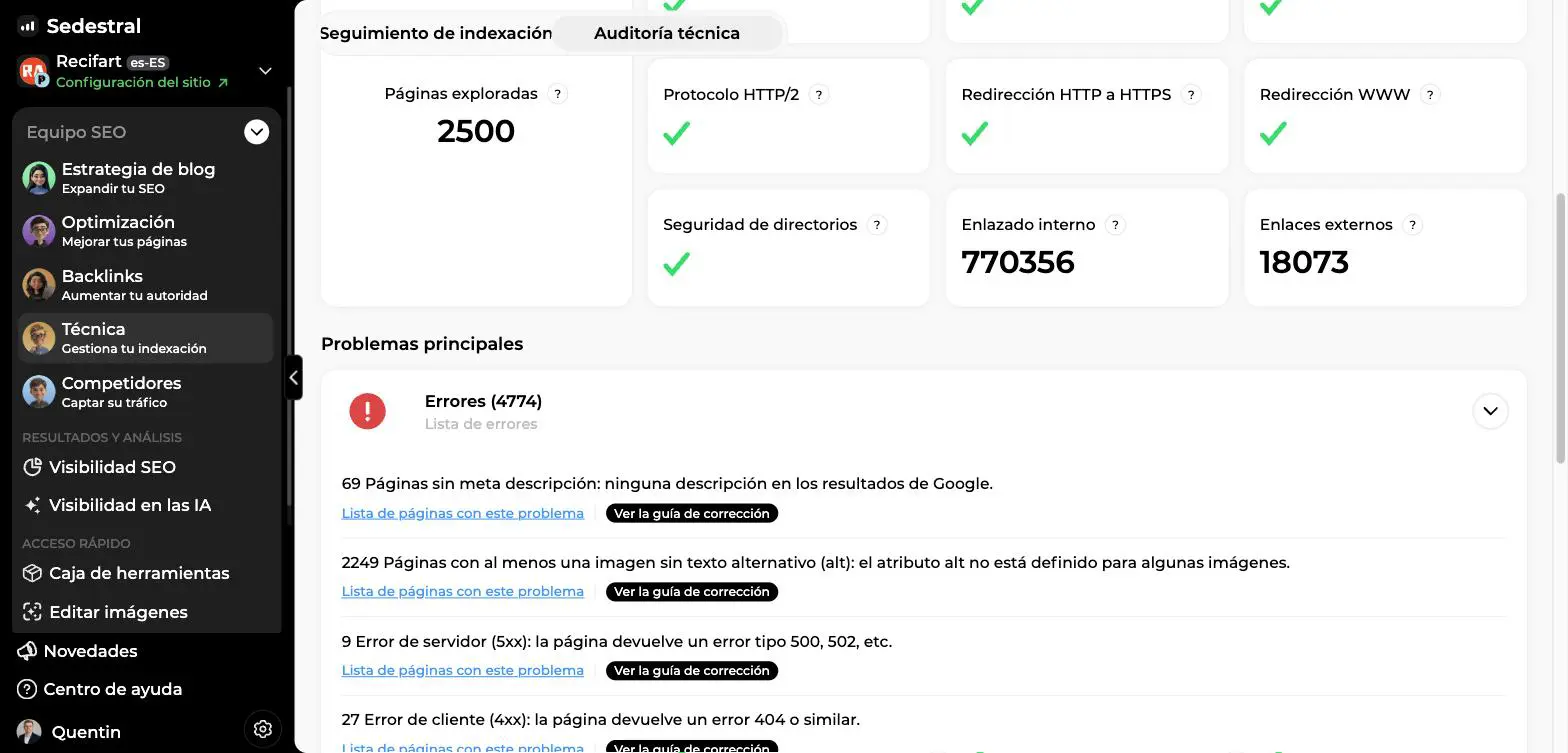 Bloque Problemas principales de la auditoría con los errores desplegados y los botones Ver la guía de corrección