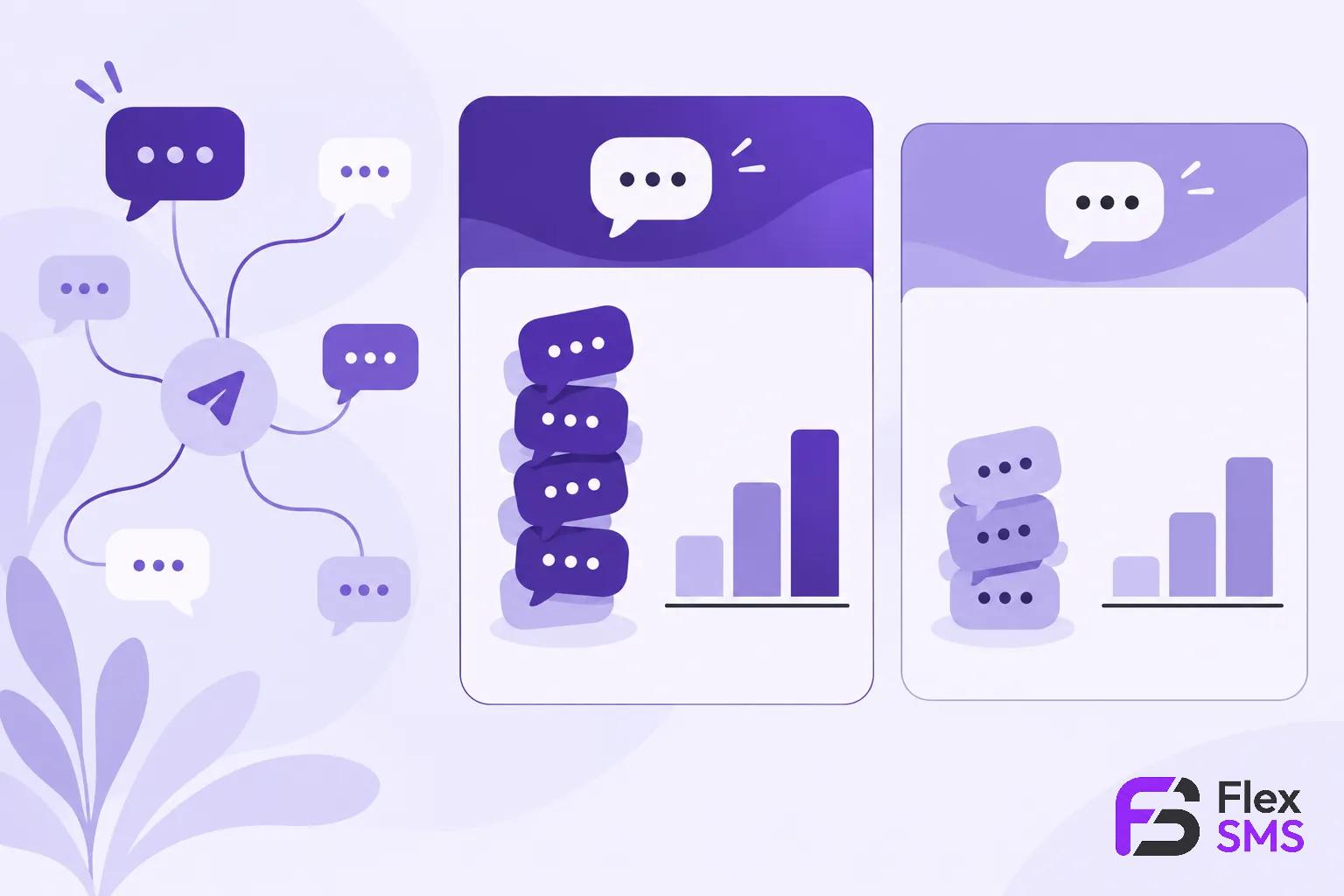 Illustration montrant des bulles de dialogue et des icônes de messages, avec des graphiques en barres et des piles de bulles.
