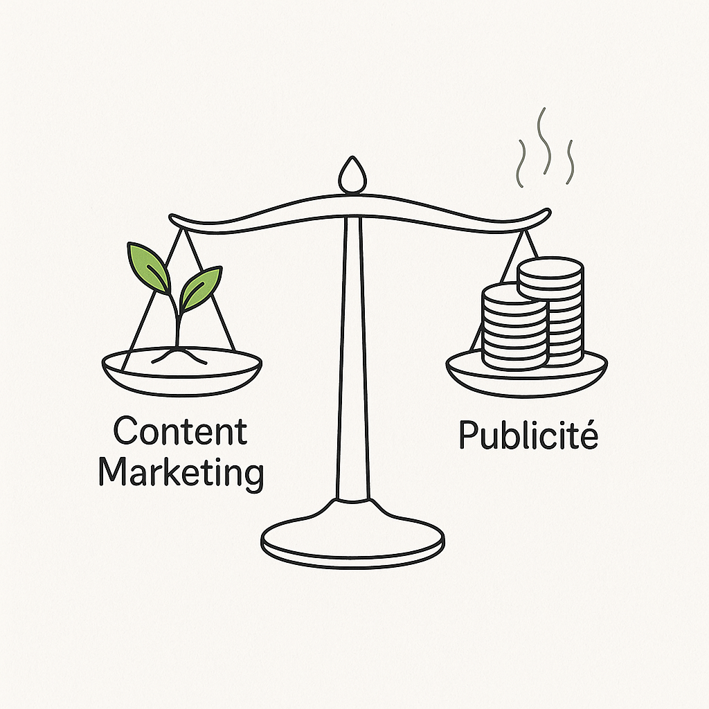 Comparaison visuelle entre le content marketing (une plante qui grandit) et la publicité (des pièces qui s'évaporent), montrant la durabilité du contenu.