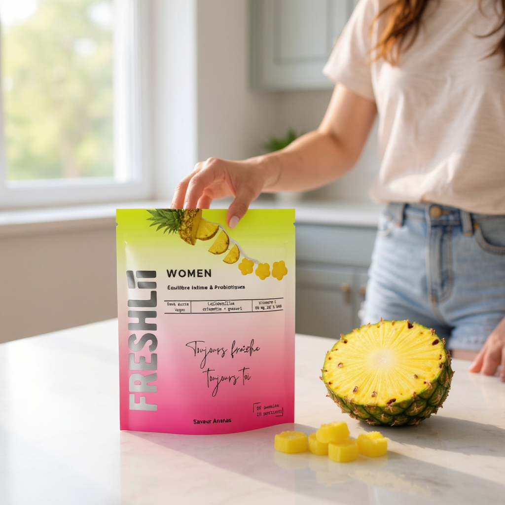 Gummies FRESHLII pour le bien-être intime féminin, boîte colorée à côté d’ananas frais et cubes, sur plan de cuisine lumineuse.
