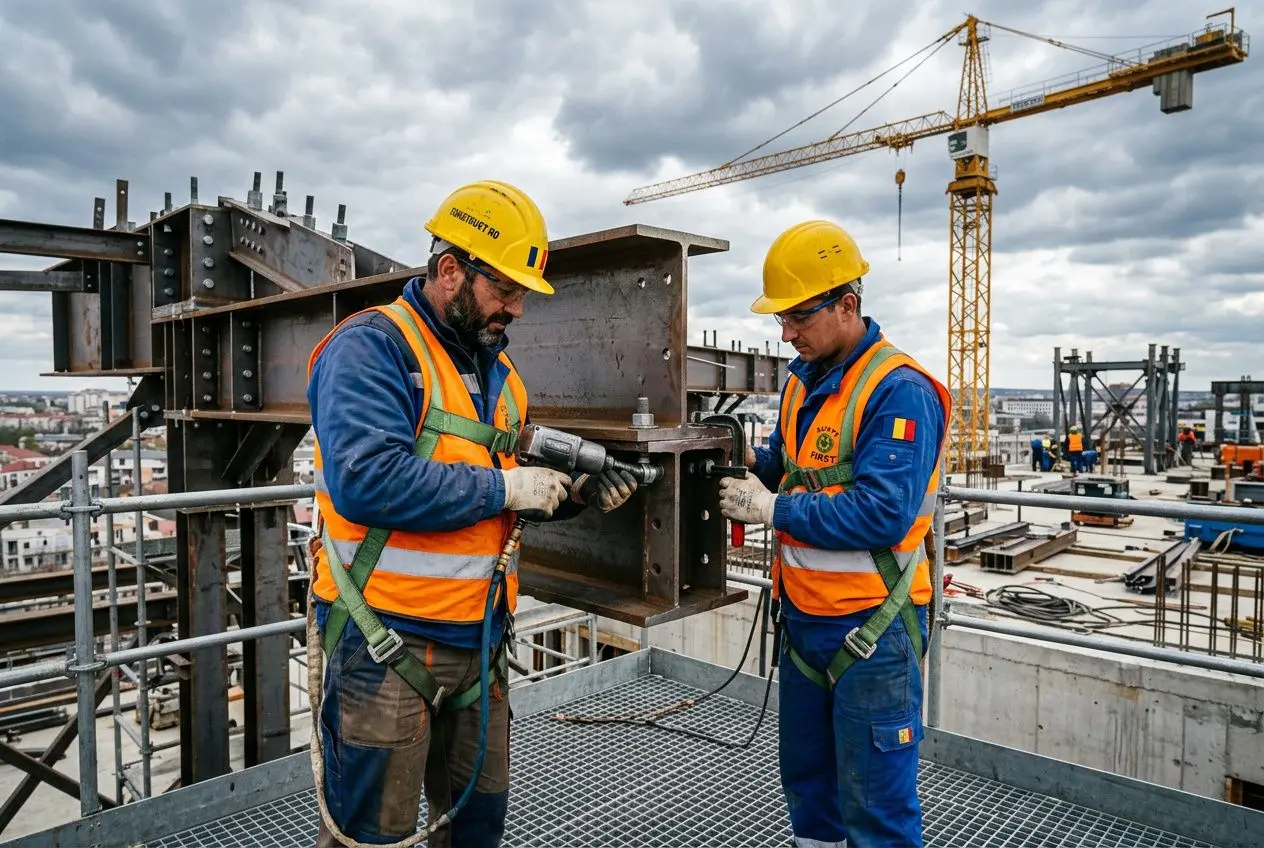 Deux ouvriers en sécurité sur un chantier portent casques jaunes et gilets orange, travaillant sur une structure métallique avec grue en arrière-plan. Comment recruter ouvriers roumains dans le cadre de l’intérim.