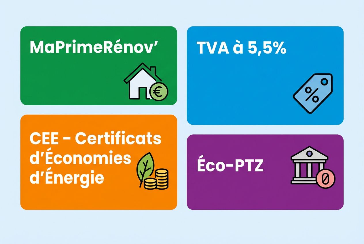 alt: Illustration multicolore avec quatre blocs informatifs sur les aides et tarifs: MaPrimeRénov’, TVA à 5,5%, CEE et Éco-PTZ.